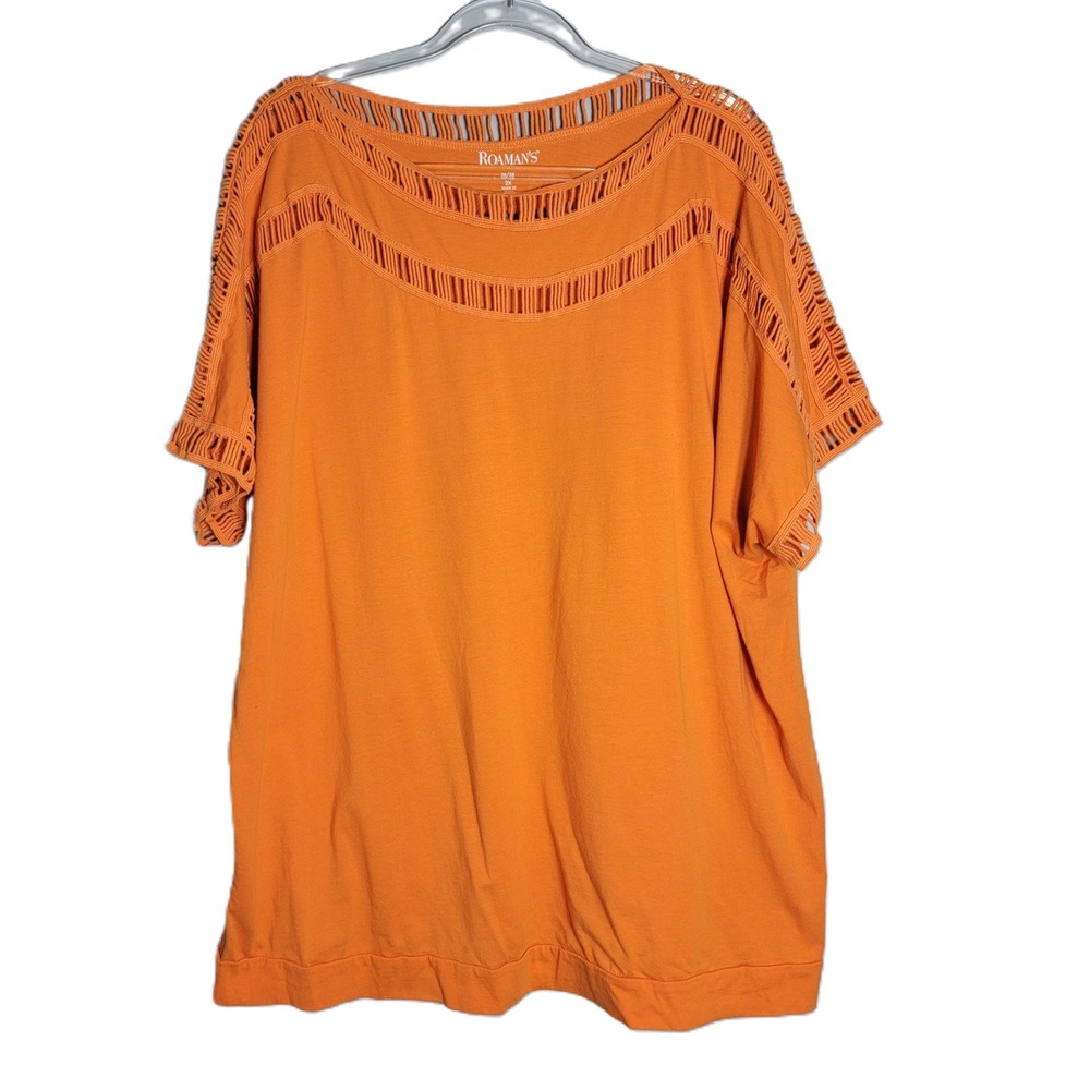 ROMANS Crochet Lace Trim‎ Top Plus Size 26 28 Short Sleeve Orange Stretch
